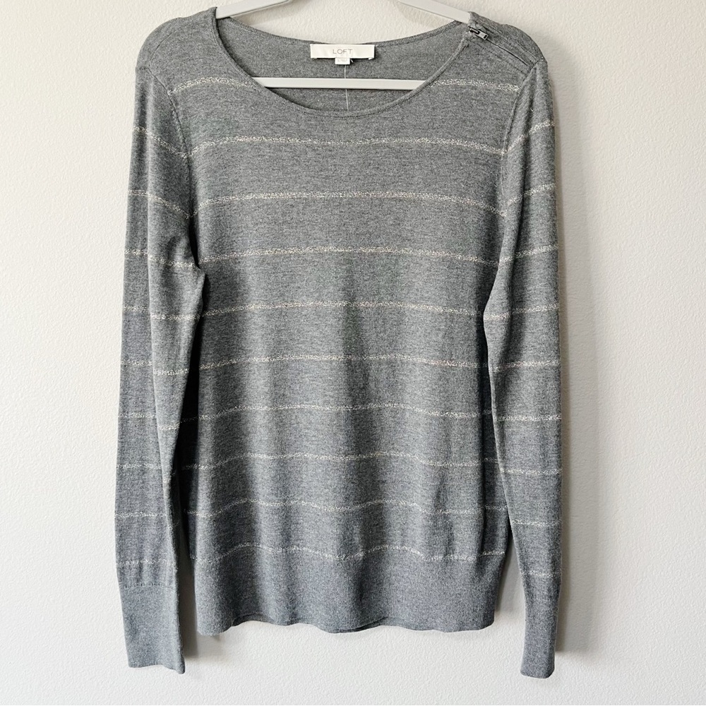 Ann Taylor LOFT NWT Sparkle Stripes Shoulder Zipper Gray Long Sleeve Sweater L